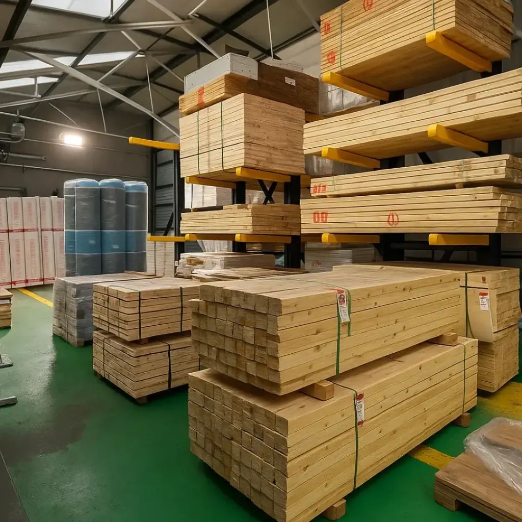Timber and sheet materials stacked on racking in the Builders Megastore warehouse
